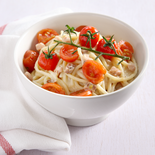 Recept Spaghetti met carbonarasaus en cherrytomaatjes Grand'Italia